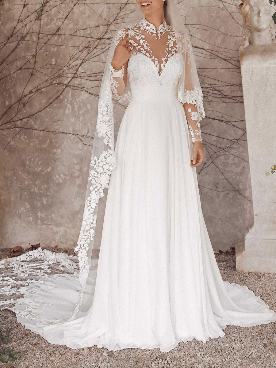 High Collar Long Sleeves Lace A-Line With Train Bridal Wedding Dresses