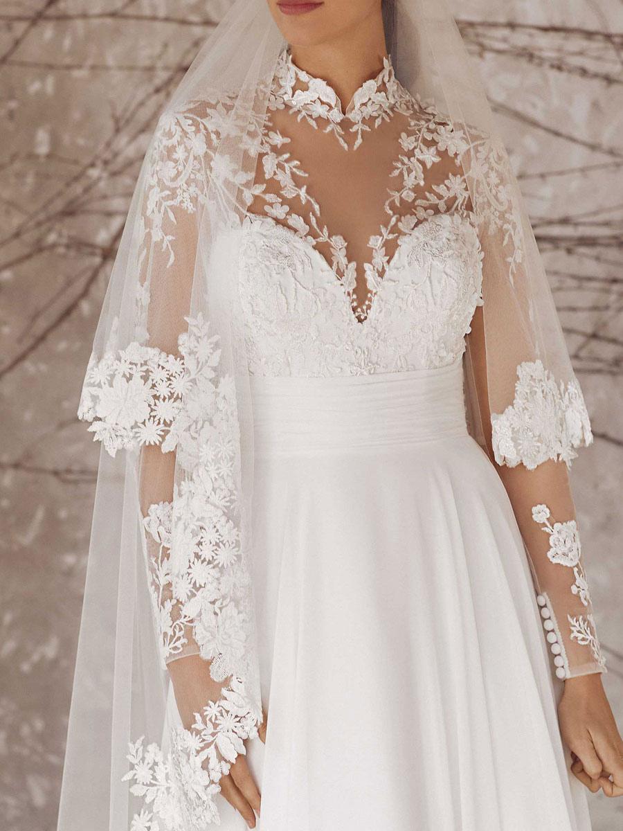 High Collar Long Sleeves Lace A-Line With Train Bridal Wedding Dresses - Image 4