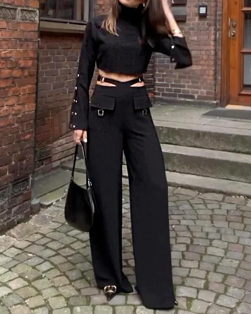 High Collar Long Sleeves Solid Crossover Two Piece Set Elegant Leg Pants Suit - Image 2