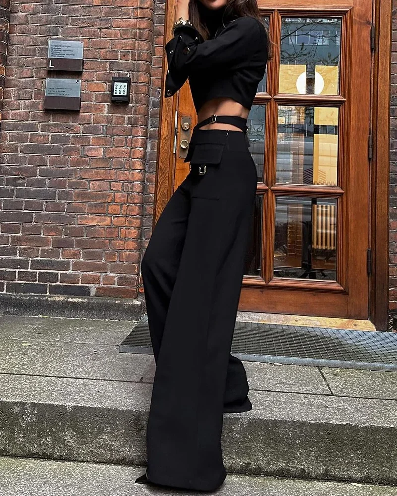 High Collar Long Sleeves Solid Crossover Two Piece Set Elegant Leg Pants Suit - Image 3