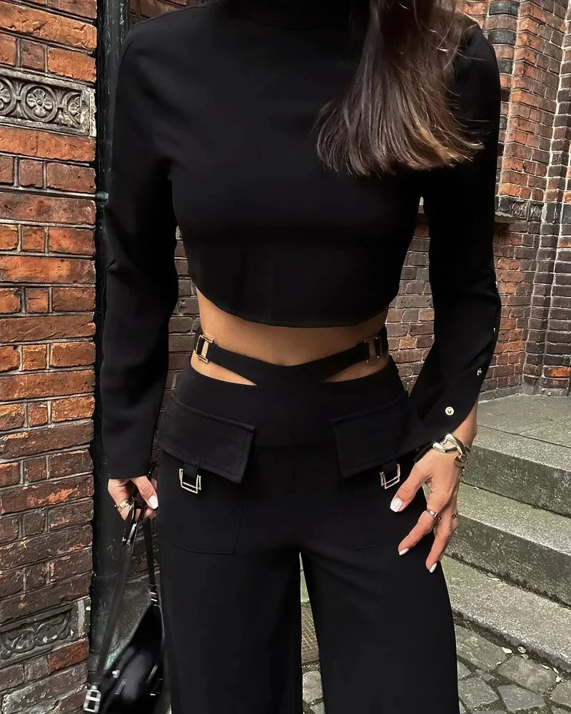 High Collar Long Sleeves Solid Crossover Two Piece Set Elegant Leg Pants Suit - Image 5