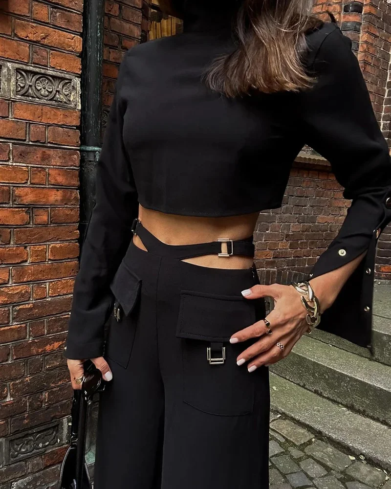 High Collar Long Sleeves Solid Crossover Two Piece Set Elegant Leg Pants Suit - Image 6