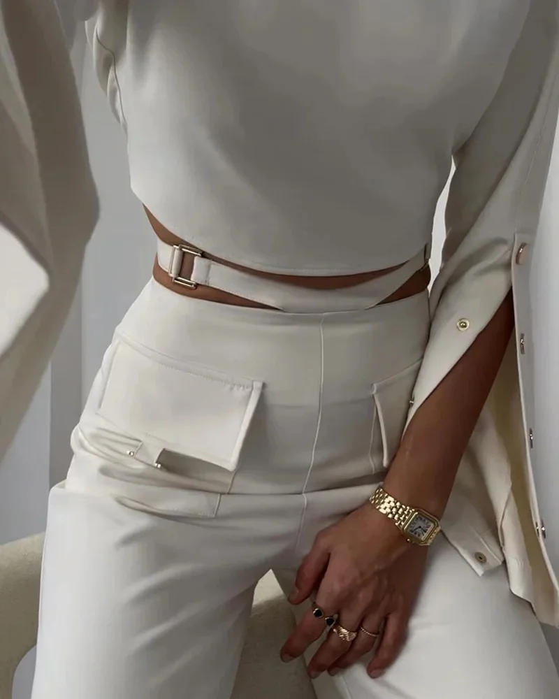 High Collar Long Sleeves Solid Crossover Two Piece Set Elegant Leg Pants Suit - Image 7