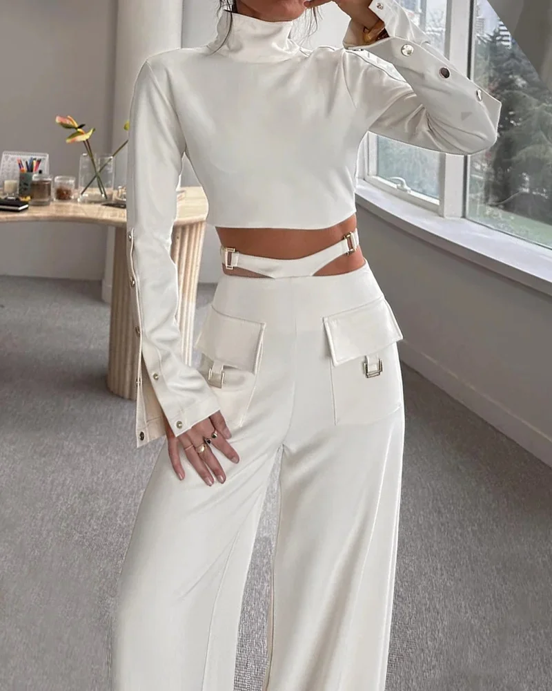 High Collar Long Sleeves Solid Crossover Two Piece Set Elegant Leg Pants Suit - Image 8