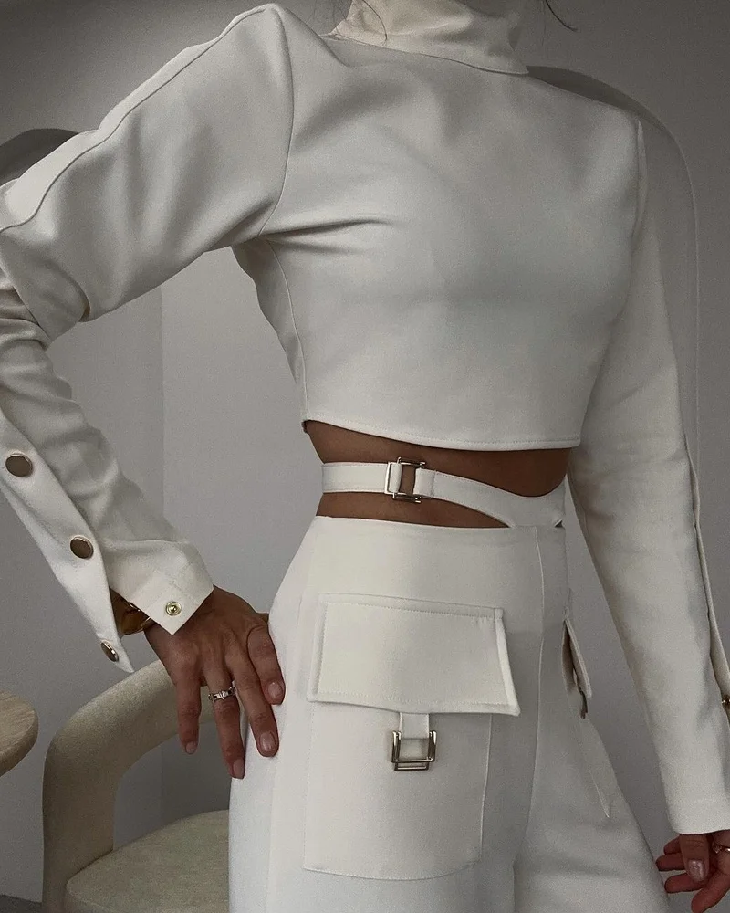 High Collar Long Sleeves Solid Crossover Two Piece Set Elegant Leg Pants Suit - Image 9