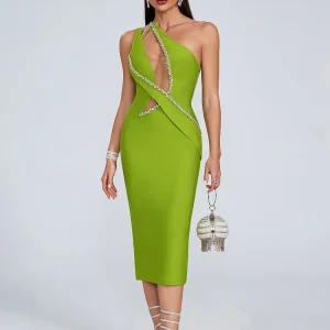 Hollow Out Diamonds One Shoulder Mesh Patchwork Evening Party Bodycon Bandage Midi Dress