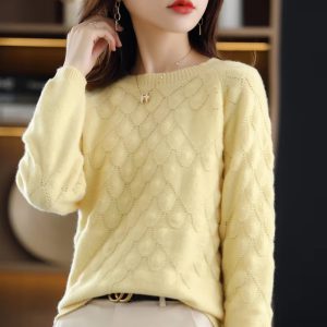 Hollow out O-Neck Knit Petal Pullover Thick Long-Sleeve Wool Cashmere Sweater