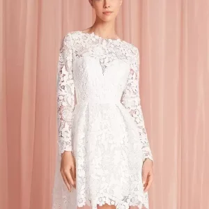 Jewel Neck Long Sleeves A-Line Natural Waist Lace Knee-Length Bridal Wedding Dress
