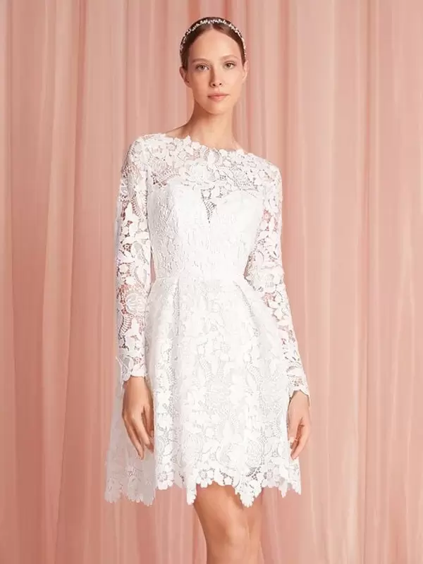 Jewel Neck Long Sleeves A-Line Natural Waist Lace Knee-Length Bridal Wedding Dress