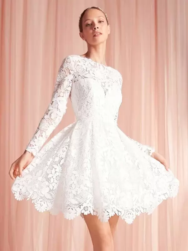 Jewel Neck Long Sleeves A-Line Natural Waist Lace Knee-Length Bridal Wedding Dress - Image 2