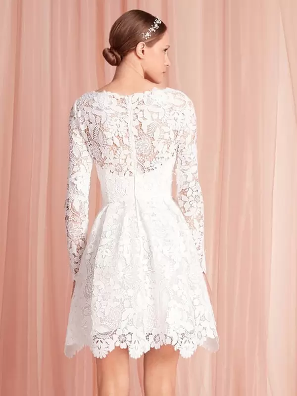 Jewel Neck Long Sleeves A-Line Natural Waist Lace Knee-Length Bridal Wedding Dress - Image 3