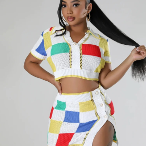 Knit Diamond Button Shorts Sleeve Polo Neck Crop Tops Irregular Skirts 2 Piece Set