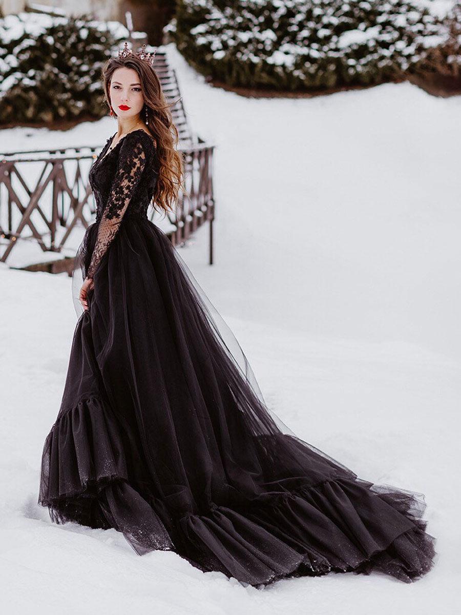 Lace A-Line Long Sleeves V-neck Backless Floor-Length Bridal Wedding Gown - Image 3