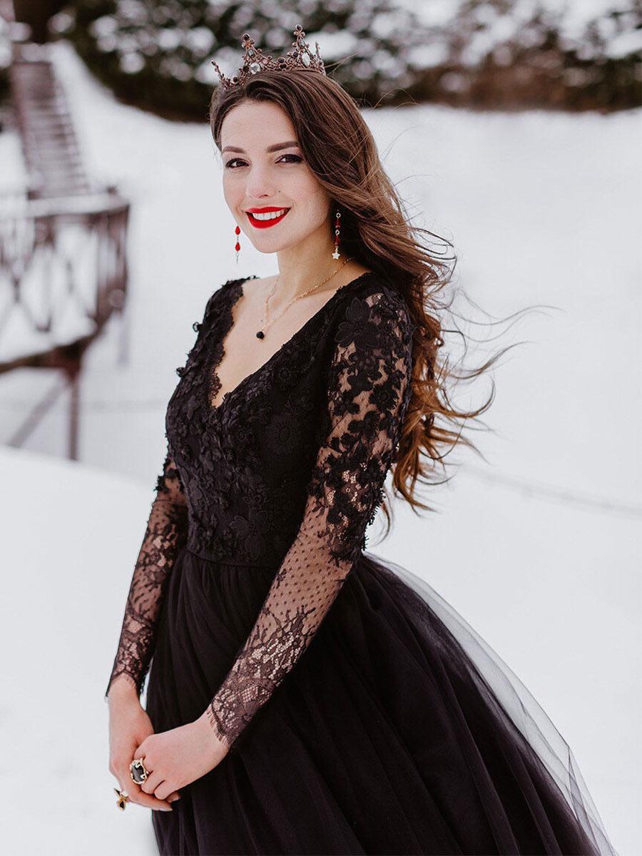 Lace A-Line Long Sleeves V-neck Backless Floor-Length Bridal Wedding Gown - Image 2