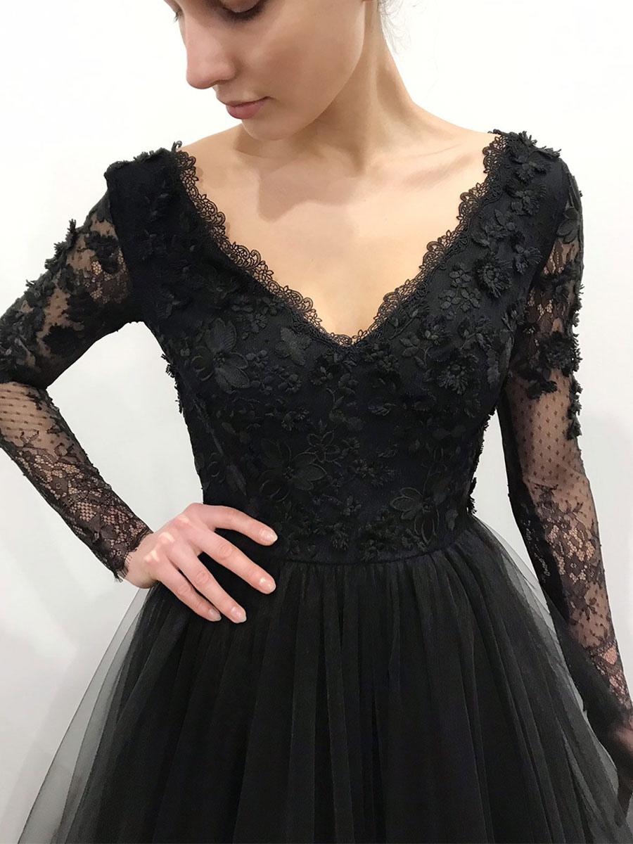 Lace A-Line Long Sleeves V-neck Backless Floor-Length Bridal Wedding Gown - Image 6