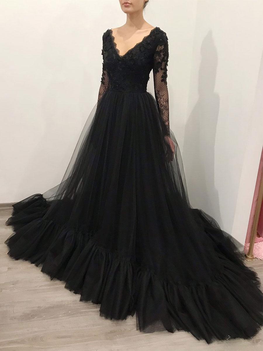 Lace A-Line Long Sleeves V-neck Backless Floor-Length Bridal Wedding Gown - Image 4