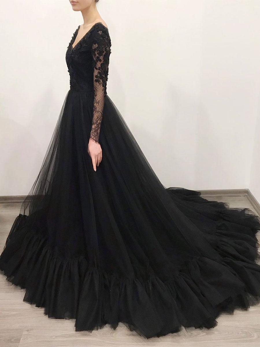 Lace A-Line Long Sleeves V-neck Backless Floor-Length Bridal Wedding Gown - Image 5