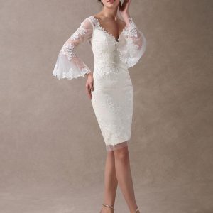 Lace Applique Short Sheath Bell Sleeve V-Neckline Knee Length Beach Wedding Bridal Dress