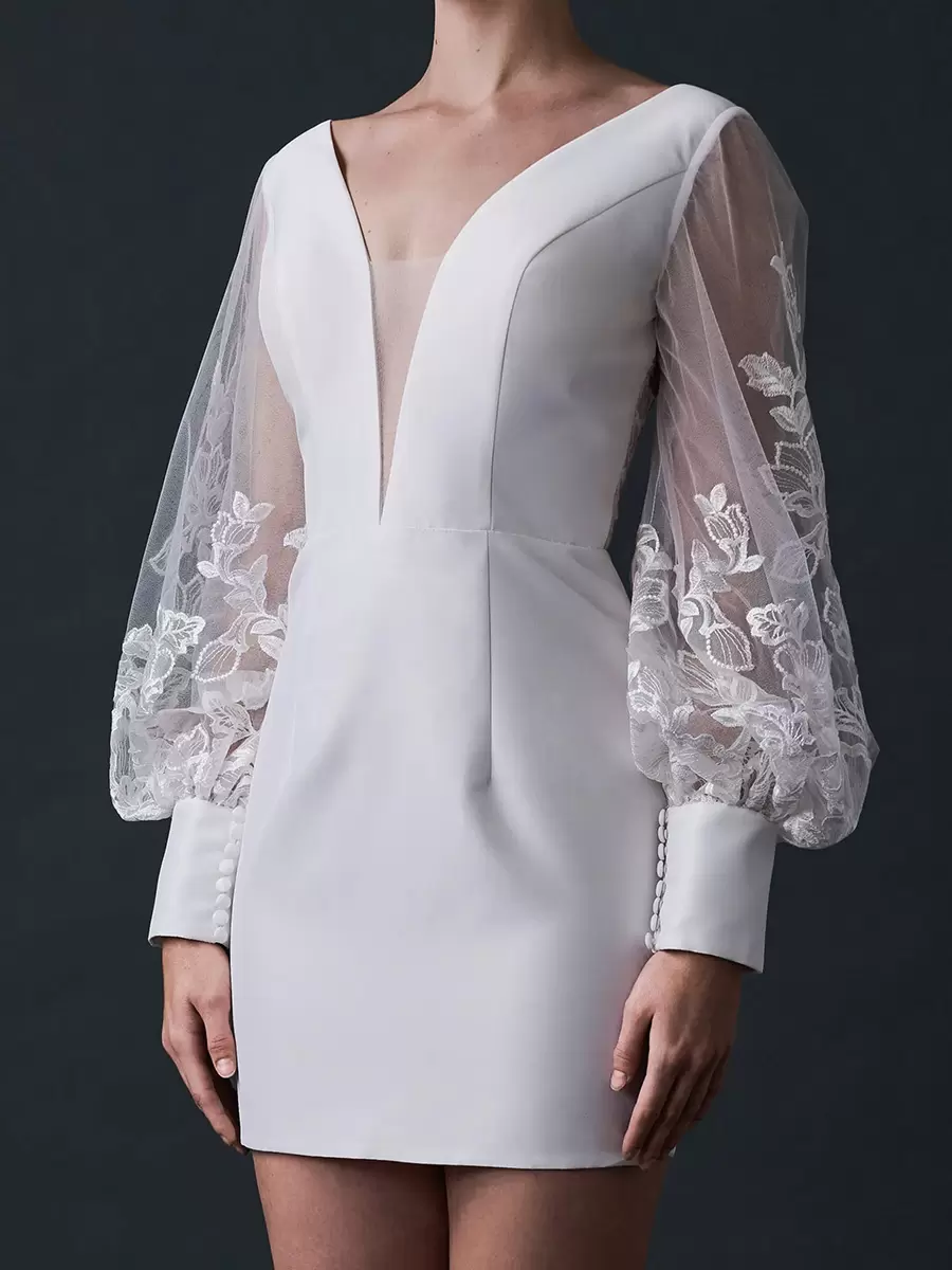 Lace Backless V-Neck Long Sleeves Natural Waist Short Bridal Wedding Dress - Image 2