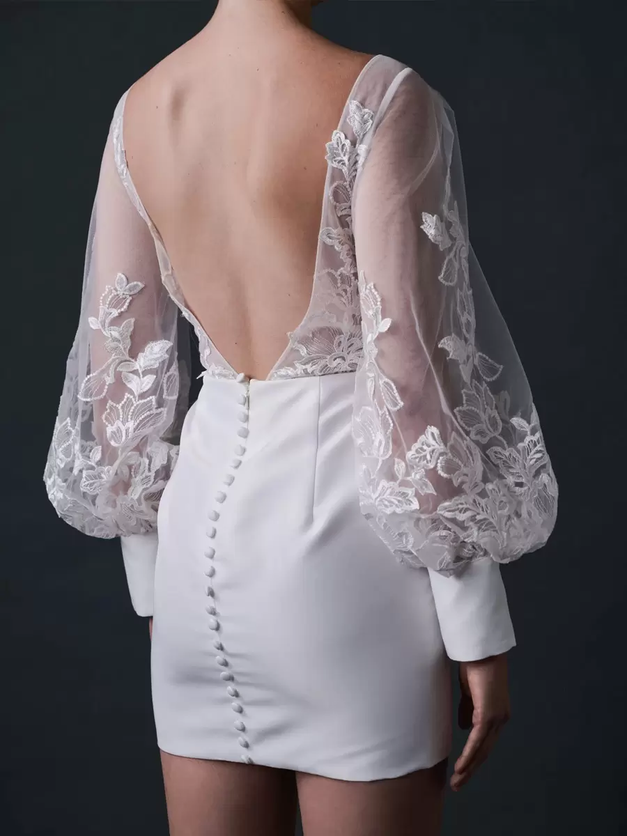 Lace Backless V-Neck Long Sleeves Natural Waist Short Bridal Wedding Dress - Image 4