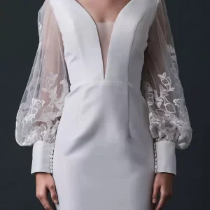 Lace Backless V-Neck Long Sleeves Natural Waist Short Bridal Wedding Dress