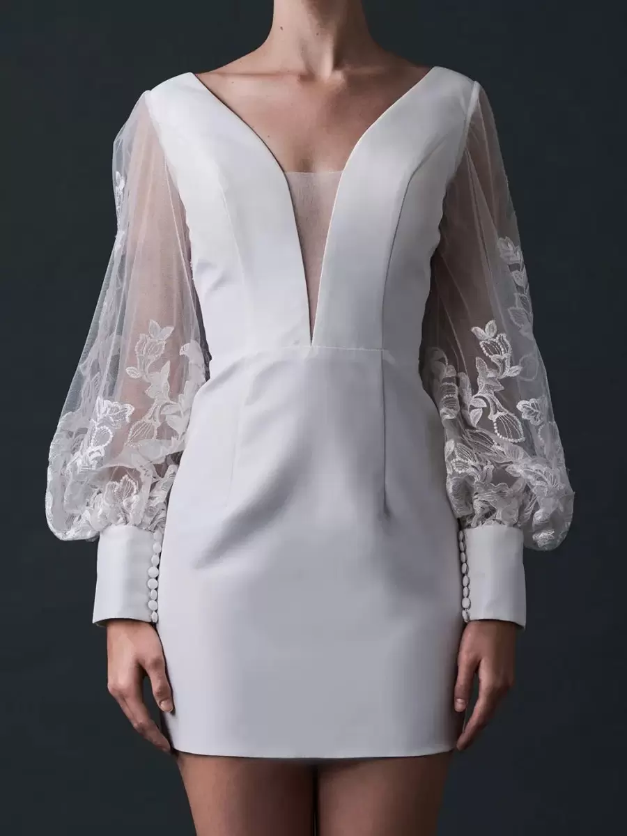 Lace Backless V-Neck Long Sleeves Natural Waist Short Bridal Wedding Dress