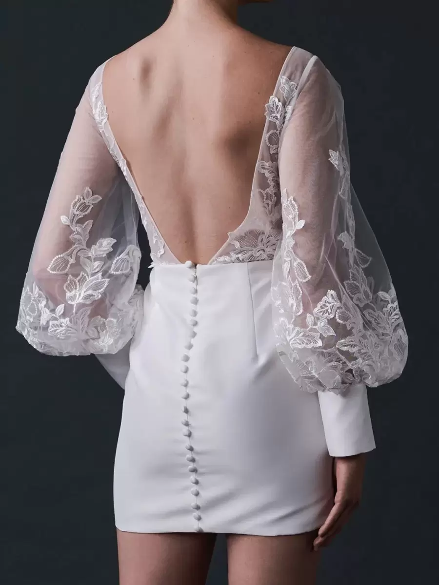 Lace Backless V-Neck Long Sleeves Natural Waist Short Bridal Wedding Dress - Image 3