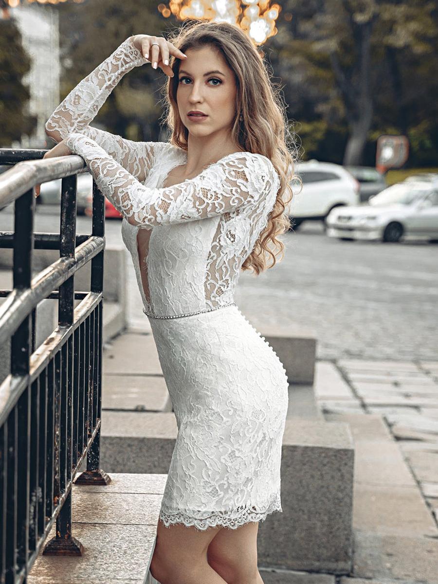 Lace Backless V-Neck Long Sleeves Short Knee-Length Bridal Wedding Dresses - Image 2