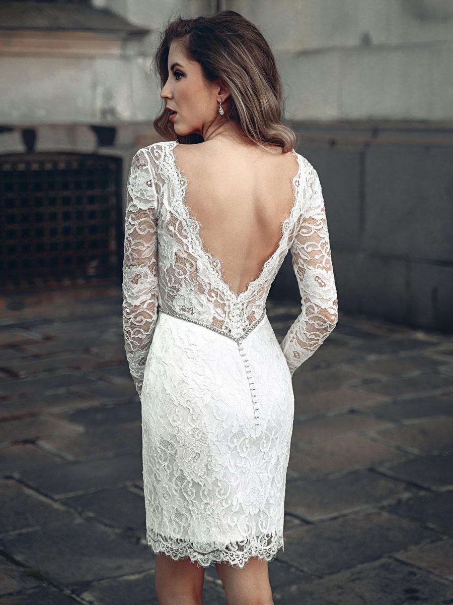 Lace Backless V-Neck Long Sleeves Short Knee-Length Bridal Wedding Dresses - Image 5