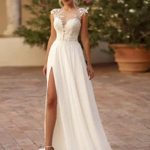 Lace Cut Out A-Line Floor-Length Functional Buttons Short Sleeves V-Neck Wedding Dress