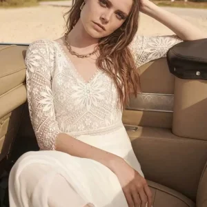 Lace Cut Out A-Line With Train Backless 3/4 Length Sleeves V-Neck Wedding Dress
