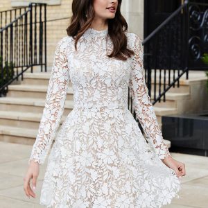 Lace High Collar Long Sleeves A-Line Bridal Short Wedding Dresses
