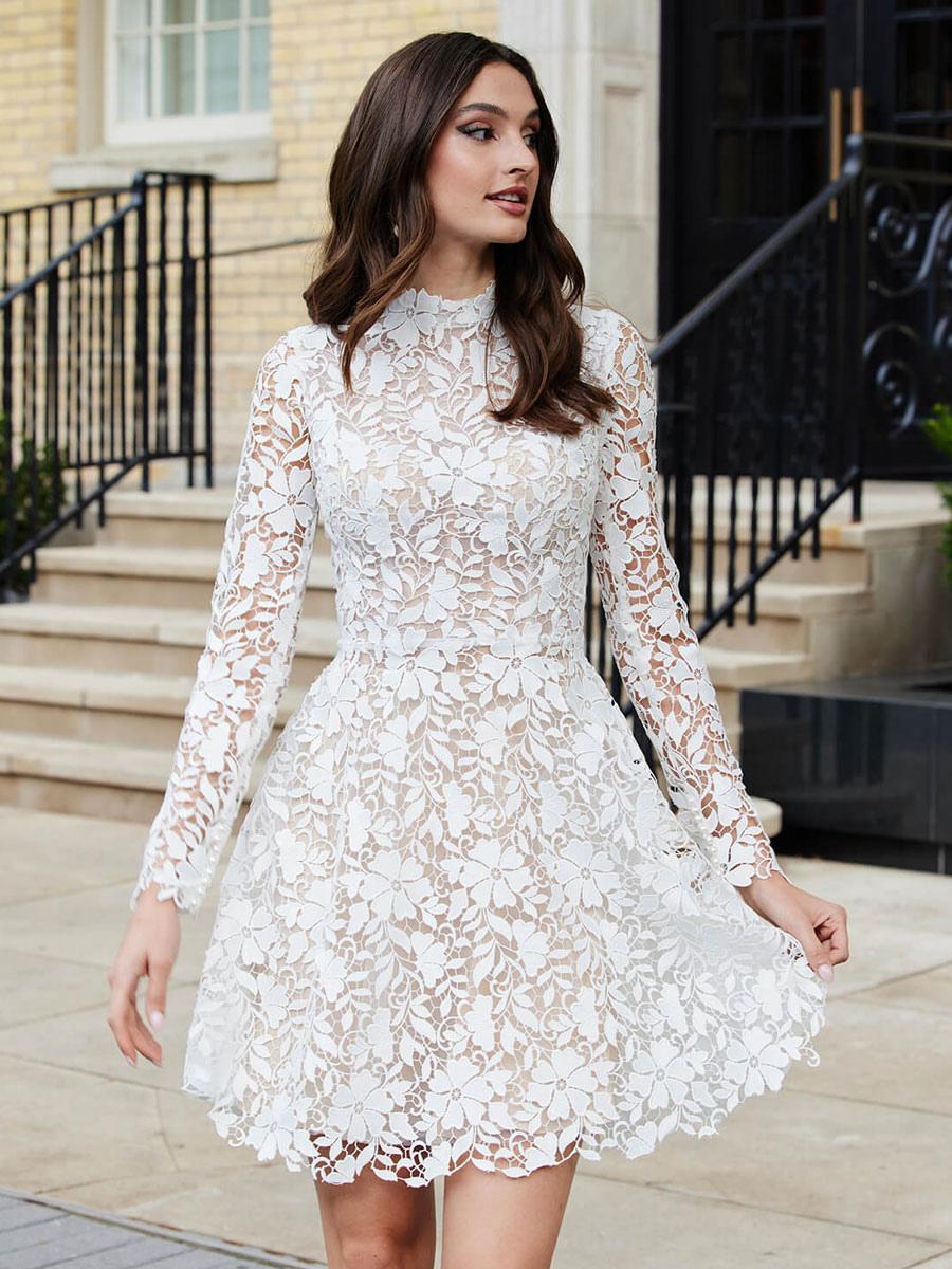 Lace High Collar Long Sleeves A-Line Bridal Short Wedding Dresses
