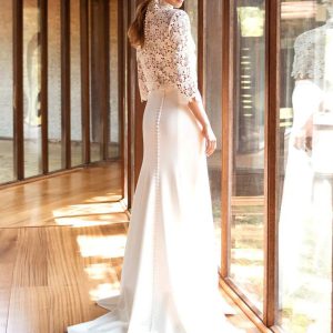 Lace High Collar Mermaid With Train 3/4 Length Sleeves Bridal Two-piece Wedding Dress