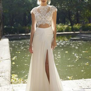 Lace Jewel Neck A-Line With Train Backless Short Sleeves Bridal Two-piece Wedding Dress