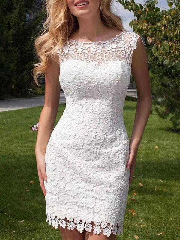Lace Jewel Neck Sleeveless With Panel Train Short Wedding Dress - Image 2