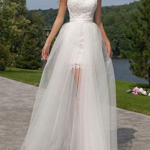 Lace Jewel Neck Sleeveless With Panel Train Short Wedding Dress