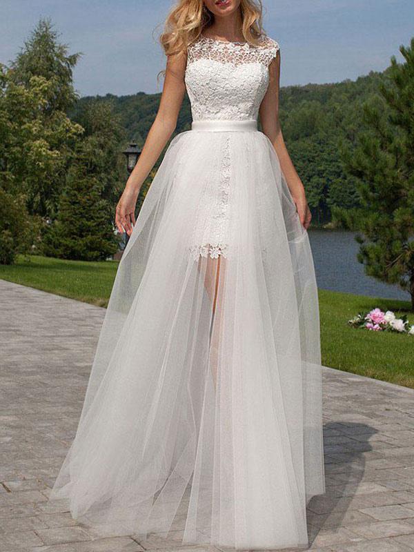 Lace Jewel Neck Sleeveless With Panel Train Short Wedding Dress