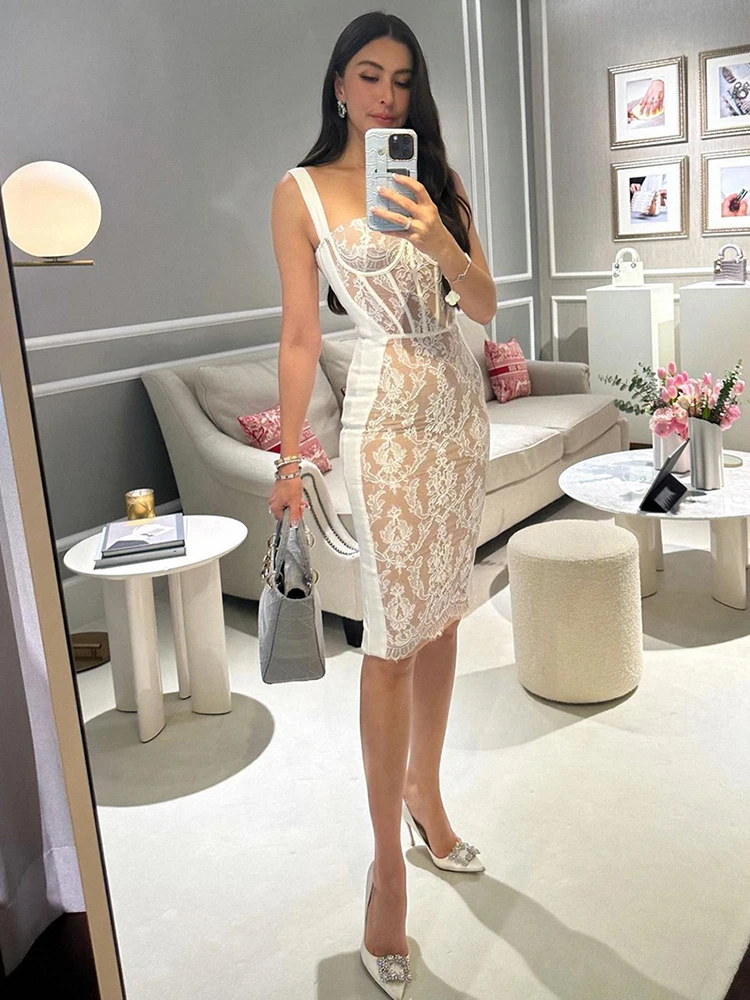 Lace Patchwork Square Collar Sleeveless Cocktail Party Bodycon Dresses - Image 3