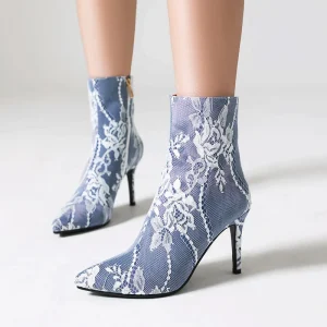 Lace Solid pointed toe super thin high heels party Ankle boots