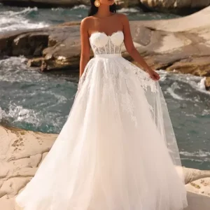 Lace Strapless Floor-Length Zipper Sleeveless Bridal Gowns