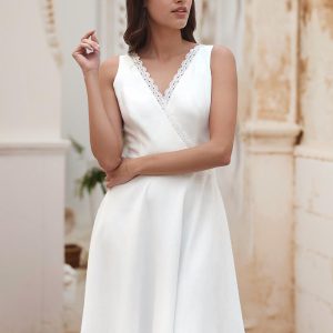 Lace V-Neck Sleeveless Natural Waist Satin Fabric Knee-Length Bridal Wedding Dress