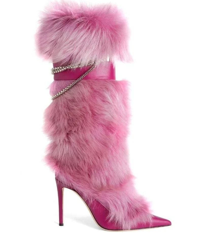 Chain Decor Leather Pointed Toe Stiletto Warm Fur Buckle Strap Knee High Heels Boots - Image 3