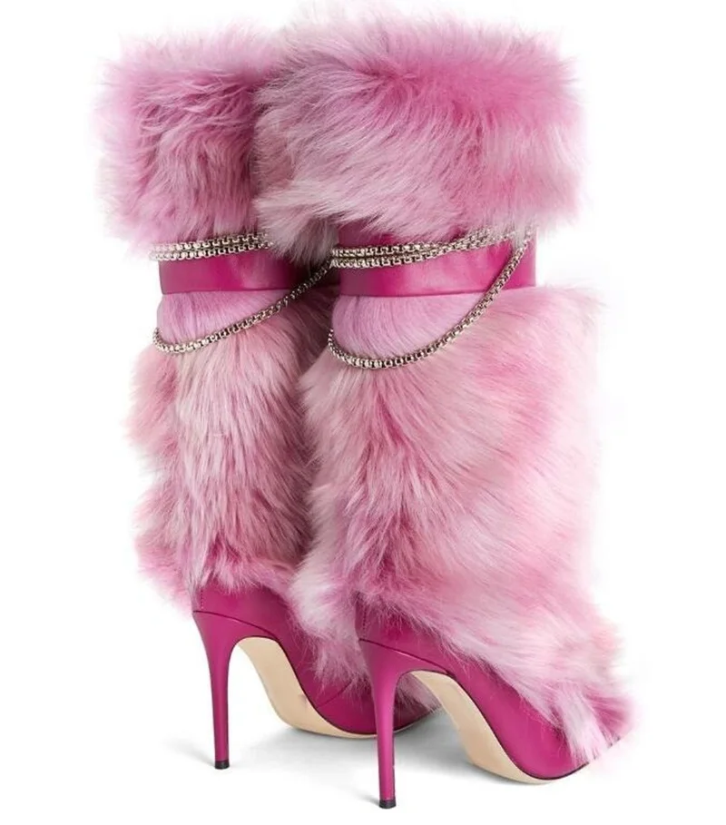 Chain Decor Leather Pointed Toe Stiletto Warm Fur Buckle Strap Knee High Heels Boots - Image 4