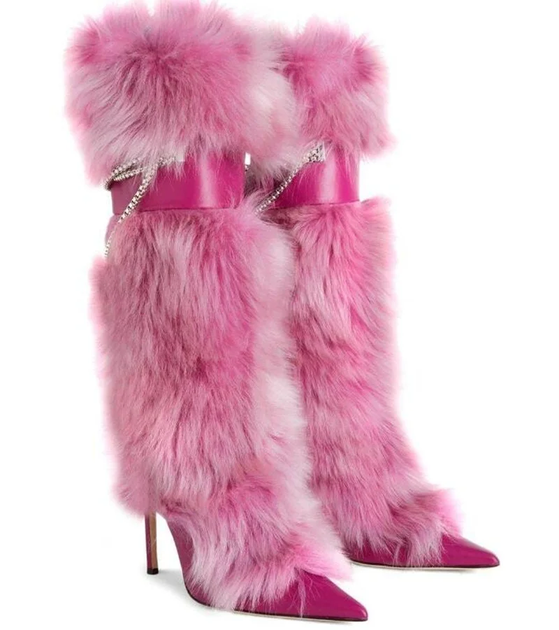 Chain Decor Leather Pointed Toe Stiletto Warm Fur Buckle Strap Knee High Heels Boots - Image 2