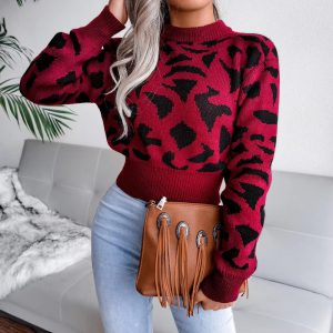 Leopard Print Nipped Crop O Neck Full Sleeve Knitted Pullovers Sweater