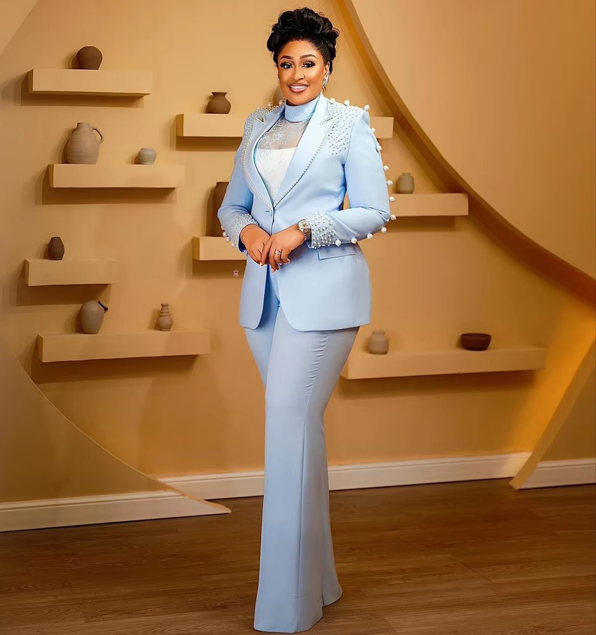 Luxury Beaded Pearls Blazer Flare Trousers Daily Formal Party Pants Jacket Suits