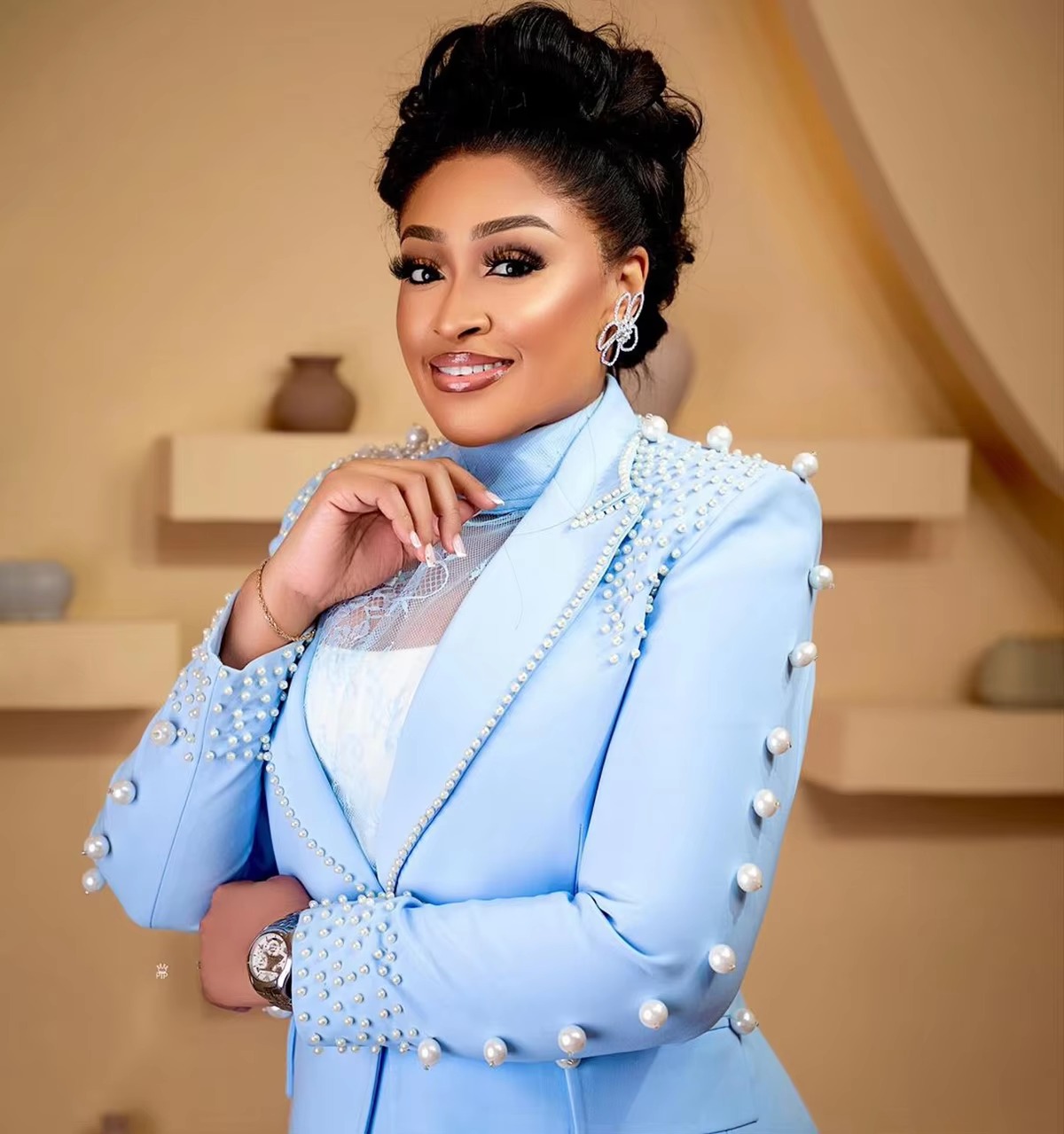 Luxury Beaded Pearls Blazer Flare Trousers Daily Formal Party Pants Jacket Suits - Image 3