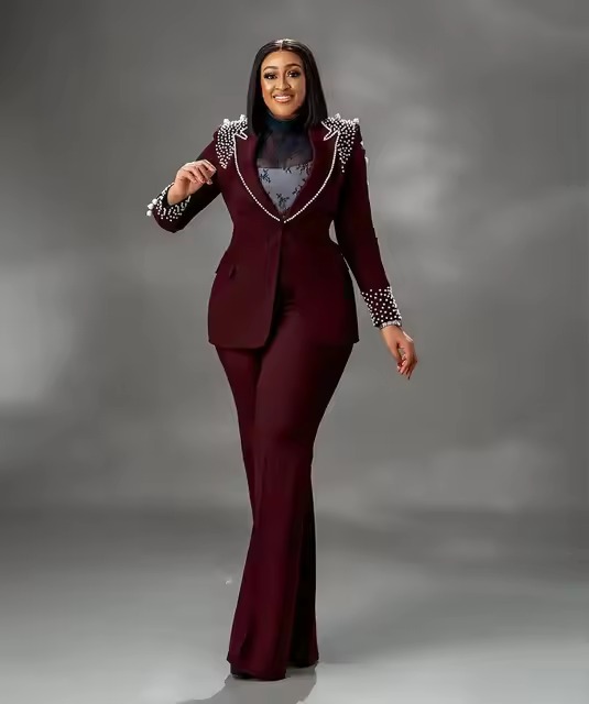 Luxury Beaded Pearls Blazer Flare Trousers Daily Formal Party Pants Jacket Suits - Image 5