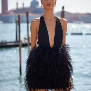 Luxury Feathers Deep V Neck Diamonds Hater Backless Evening Party Bodycon Mini Dresses